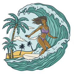 Active woman on surf board with wave and tropical palms for surfing, sea sport. Exotic beach female for ocean design of t shirt print. Extreme girl surfer on surfboard for design of summer beach life