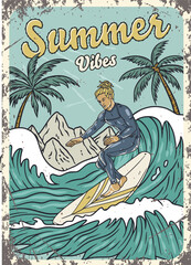 Extreme surfer on surfboard with summer vibes of beach life. Active man on surf board with wave and tropical palms for surfing or sea sport. Oceanic background beach poster