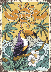 Exotic toucan or tropical bird with big beak and colorful feathers and palm tree and wave for summer beach tee design for t shirt print. Paradise jungle