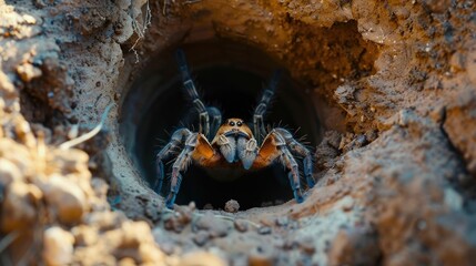 A Glimpse into the Secretive Realm of a Tarantula s Burrow Concealed within the Earth s Surface - obrazy, fototapety, plakaty