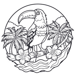 Naklejka premium Exotic toucan or tropical bird with big beak and colorful feathers, palm tree and wave for summer beach tee design for t shirt print. Paradise jungle. Monochrome outline style or black and white lines