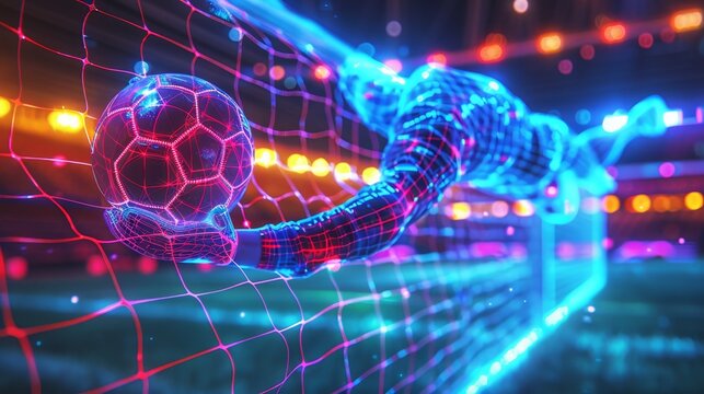 Glowing Neon Soccer: A 3D vector illustration of a goalkeeper diving to save