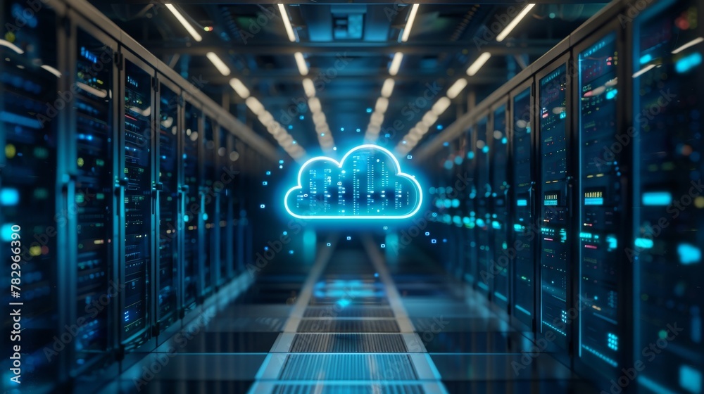 Poster The 3D rendering depicts a server room with a cloud blue icon floating within it