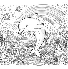 Coloring page of a cute playful dolphin. generative ai