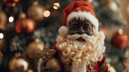Close up of a Santa Claus figurine in front of a festive Christmas tree. Perfect for holiday designs - Powered by Adobe