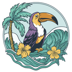 Exotic toucan or tropical bird with big beak and colorful feathers, palm tree and wave for summer beach tee design for t shirt print. Paradise jungle
