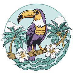 Naklejka premium Exotic toucan or tropical bird with big beak and colorful feathers, palm tree and wave for summer beach tee design for t shirt print. Paradise jungle