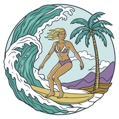 Extreme girl surfer on surfboard for design of summer beach life. Active woman on surf board with wave and tropical palms for surfing, sea sport. Exotic beach female for ocean design of t shirt print