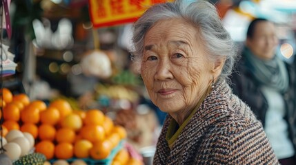 An older woman standing in front of a fruit stand. Suitable for advertising or health-related...