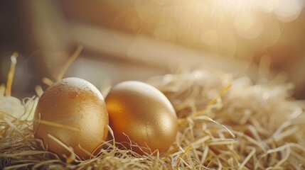 Two golden eggs on top of a hay pile. Suitable for financial concepts - obrazy, fototapety, plakaty