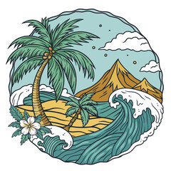 Tropical beach wave with palm trees, mountains and sunset for t shirt print. Stylized vector of a tranquil seaside landscape for summer travel and vacation