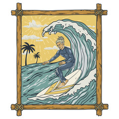Active man on surf board with wave and tropical palms for surfing or sea sport. Beach tee print or ocean t shirt design. Extreme surfer on surfboard for design of summer beach life