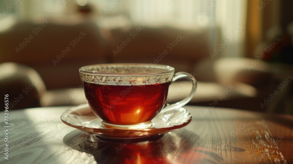 Poster a simple image of a cup of tea on a table. ideal for food and drink concepts