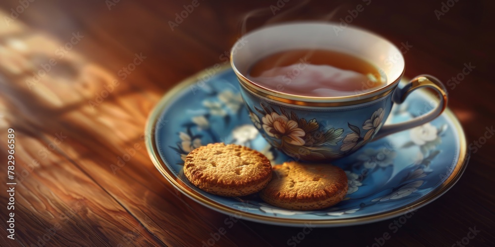 Poster a simple image of a cup of tea and two biscuits on a saucer. perfect for food and beverage concepts
