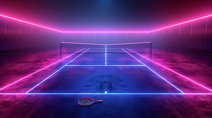 Glowing neon tennis field: A 3D vector illustration of a tennis court with neon lights - obrazy, fototapety, plakaty
