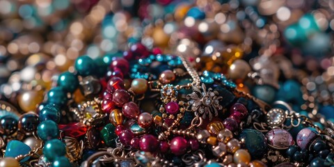 A pile of assorted jewelry on top of a table. Perfect for fashion and accessories concepts - obrazy, fototapety, plakaty