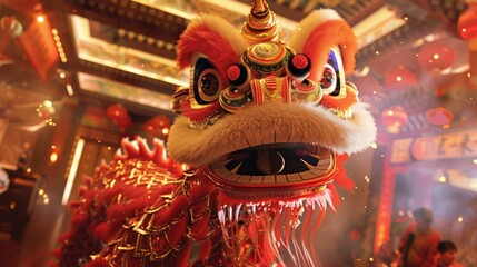A red and gold dragon head in a Chinese restaurant. Perfect for Asian culture themes - obrazy, fototapety, plakaty