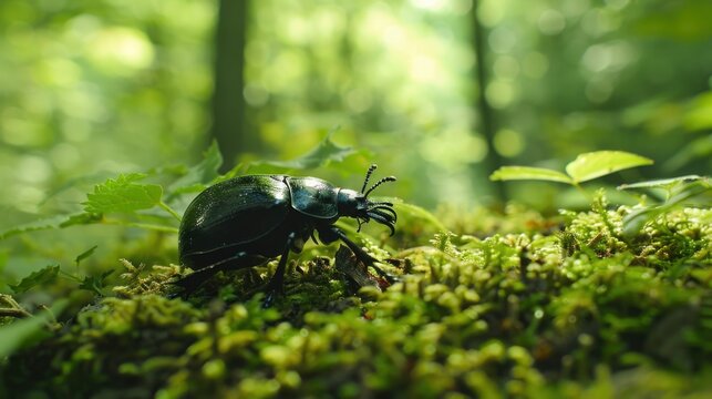 Beetle Scuttling Across Mossy Forest Floor in Giant Natural World