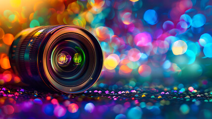 A camera lens is lying on a table with a colorful blur of lights behind it - obrazy, fototapety, plakaty
