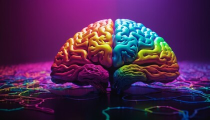 A 3D illustration of a brain with vivid colors against a dark backdrop, representing creativity and intelligence