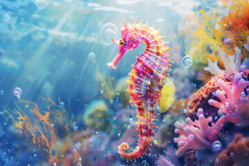Image for 3d floor. Underwater world. Seahorse. corals. - obrazy, fototapety, plakaty