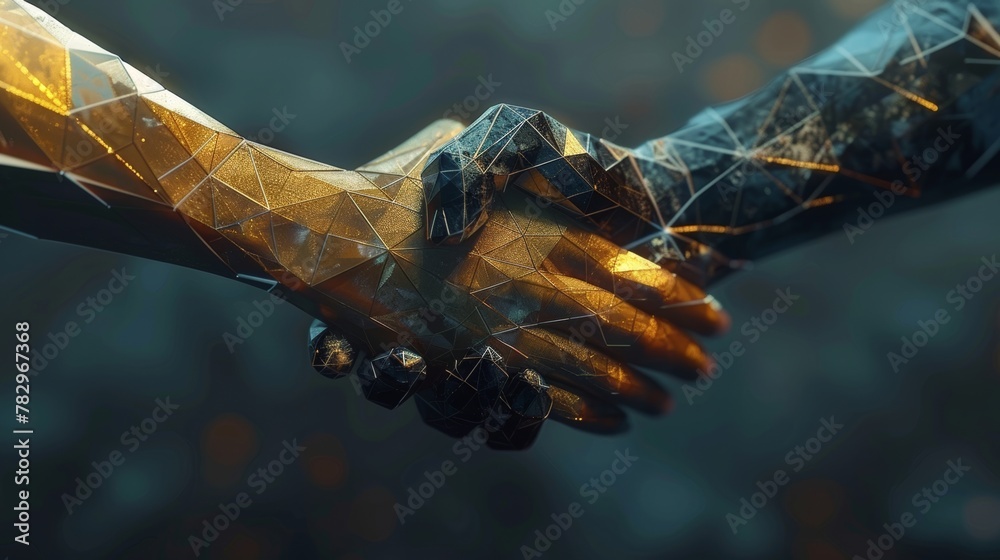 Poster Various abstract polygonal handshakes on a dark background. Teamwork concept. 3D rendering.