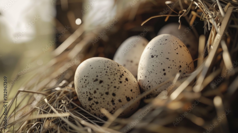 Poster close up of a nest with three eggs, ideal for nature and wildlife themes