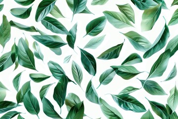 Green leaves pattern on a white background, suitable for botanical and nature themes