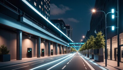 Fototapeta na wymiar A sleek city street at night, highlighted by dynamic lighting and a modern tram system above, evoking a progressive atmosphere.. AI Generation
