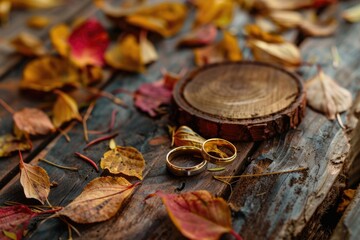 Wedding rings displayed on a rustic wooden table, perfect for wedding themes or jewelry concepts