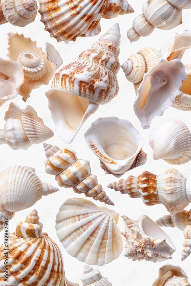 Poster a collection of shells displayed on a table. ideal for educational materials or home decor