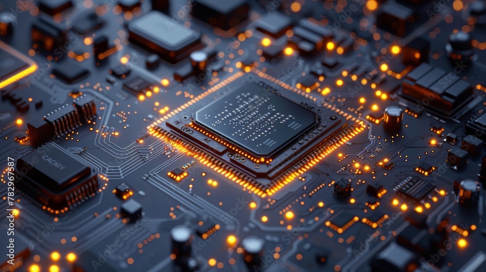 Aufkleber Integrated communication processor. Make-up art 3D render background. Electronic computer hardware technologies. Digital chip on motherboards. Based in the field of electronics.
