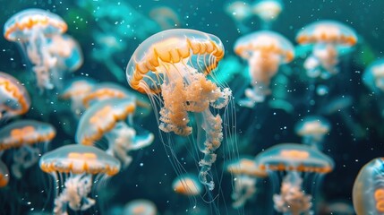 Ethereal Jellyfish Dancers Drifting in Oceanic Currents Mesmerizing Aquatic Wonders of the Deep - obrazy, fototapety, plakaty