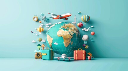 Travel and Tourism: A 3D vector illustration of a globe with travel-related icons like airplanes - obrazy, fototapety, plakaty