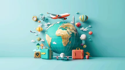 Foto op Plexiglas Travel and Tourism: A 3D vector illustration of a globe with travel-related icons like airplanes © MAY