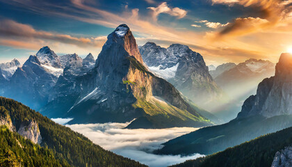 Big mountains against blue sky with clouds. Beautiful natural landscape. - obrazy, fototapety, plakaty