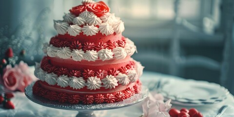 Elegant red and white wedding cake on a table, perfect for wedding-related designs - obrazy, fototapety, plakaty
