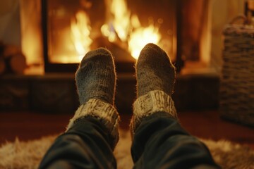 Cozy scene of feet in socks by fireplace, perfect for winter themes