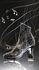 Elegant transparent shoe with glowing musical notes for fashion and music concepts, ideal for advertising and editorials