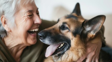 Elderly Woman Enjoying Quality Time with Her German Shepherd Dog - obrazy, fototapety, plakaty