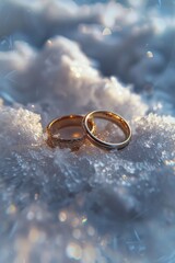Obraz na płótnie Canvas Two wedding rings on a snowy surface. Perfect for winter wedding themes
