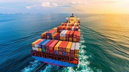 Fototapeta premium A panoramic aerial perspective unveils the ceaseless movement of a fully-loaded container ship, emblematic of the interconnectedness of global markets. 