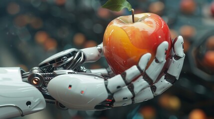 Hand holding apple 3D rendering, GMOS, automation - obrazy, fototapety, plakaty