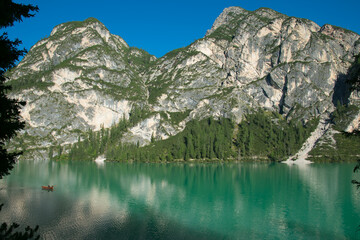 Amazing view of the famous Braies lake in Alto Adige during summer season, Italy - 782968186