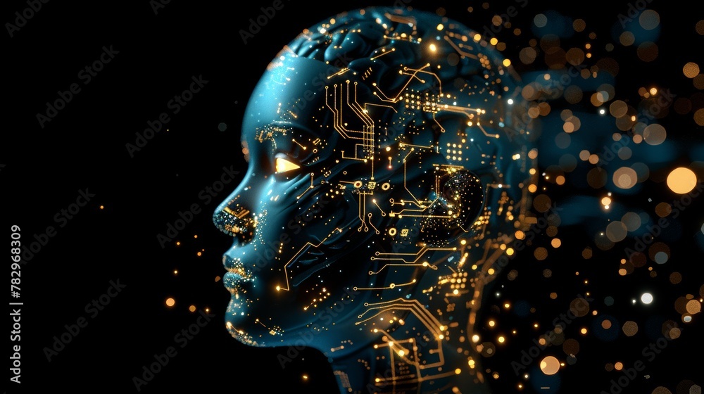 Poster Human head outline with circuit board inside. Technology concept. 3D rendering.