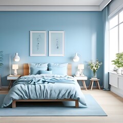 Light Blue-Tone Bedroom Interior. generative ai