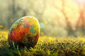 Colorful painted Easter egg on a vibrant green field. Suitable for Easter and spring themed designs