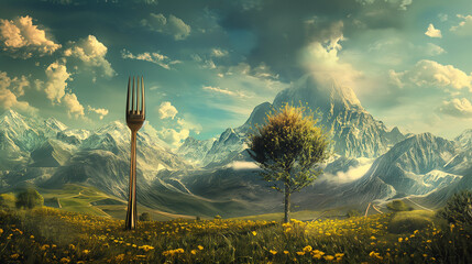 Fantasy landscape with fork road, suitable for creative storytelling and imaginative social media posts - obrazy, fototapety, plakaty