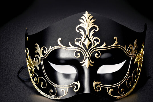 A black and gold mask with intricate designs on it.