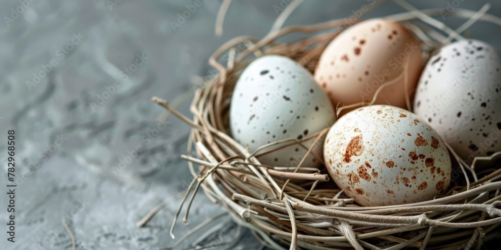 Poster four eggs in a nest on a table, suitable for cooking or easter concepts